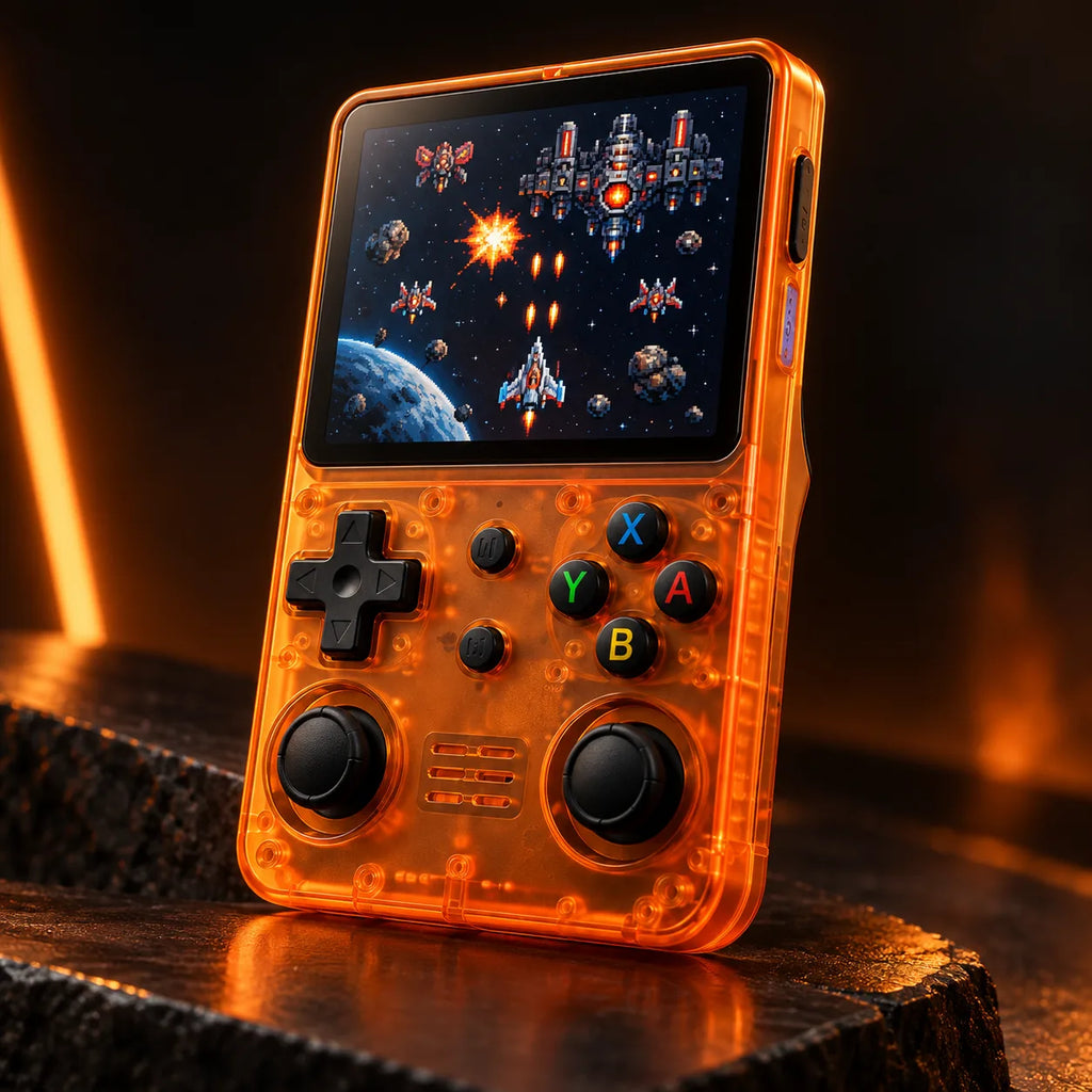 Console rétro portable Pixelo orange translucide avec un jeu de tir spatial à l'écran
