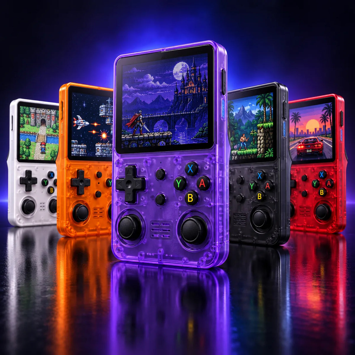 Gamme complète de consoles de jeux rétro portables Pixelo en 5 coloris