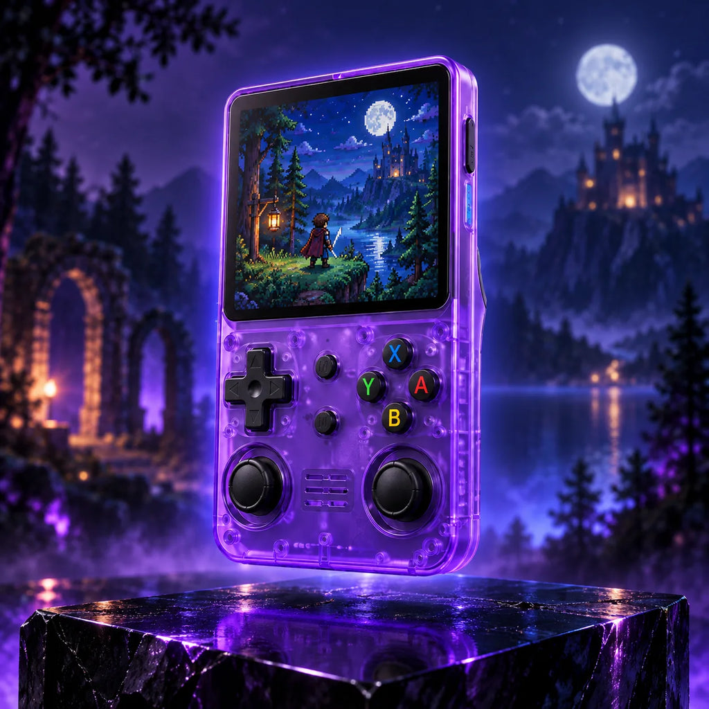 Console portable Pixelo violette translucide, jeu d'aventure en pixel art à l'écran
