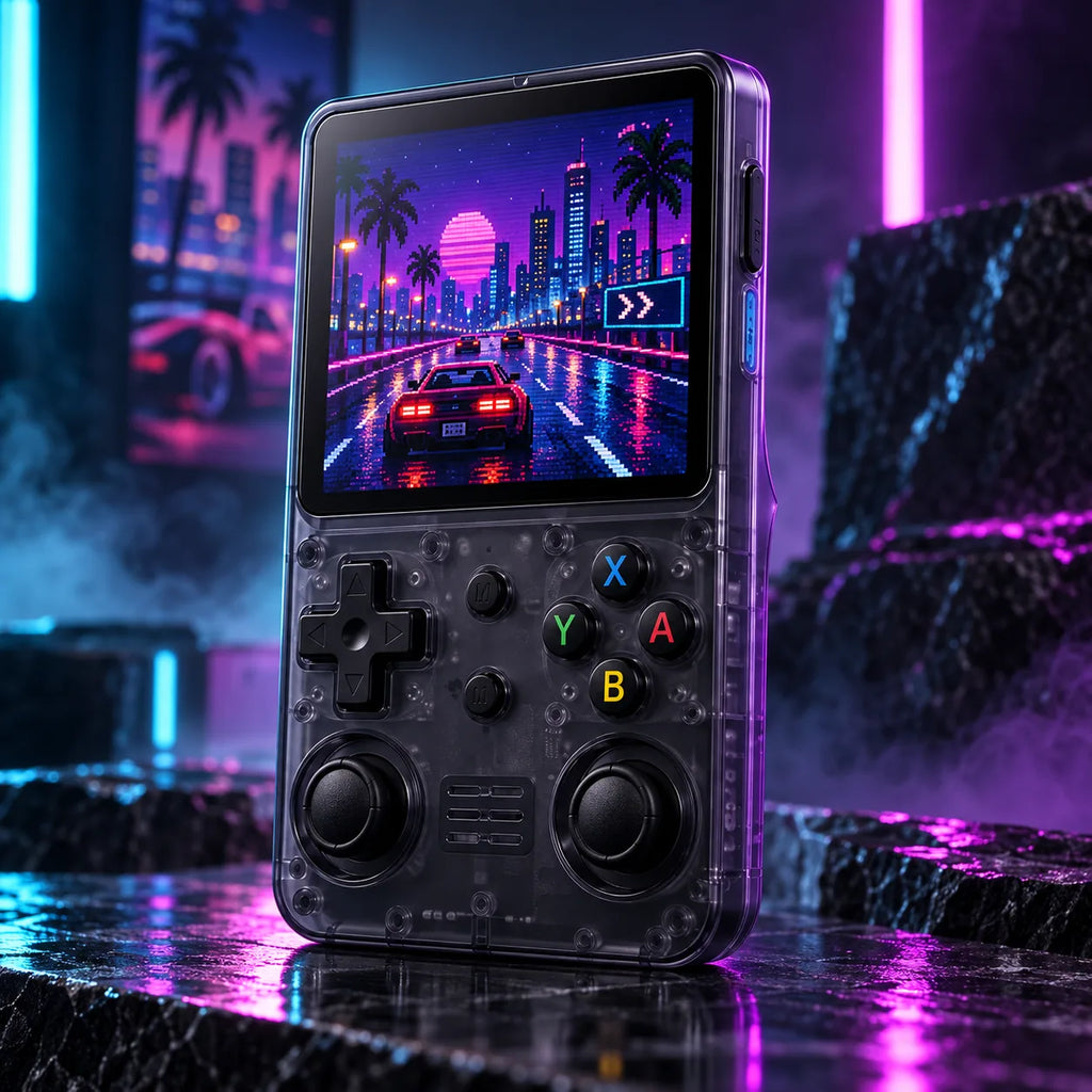Console Pixelo noire translucide avec un jeu de course rétro néon à l'écran