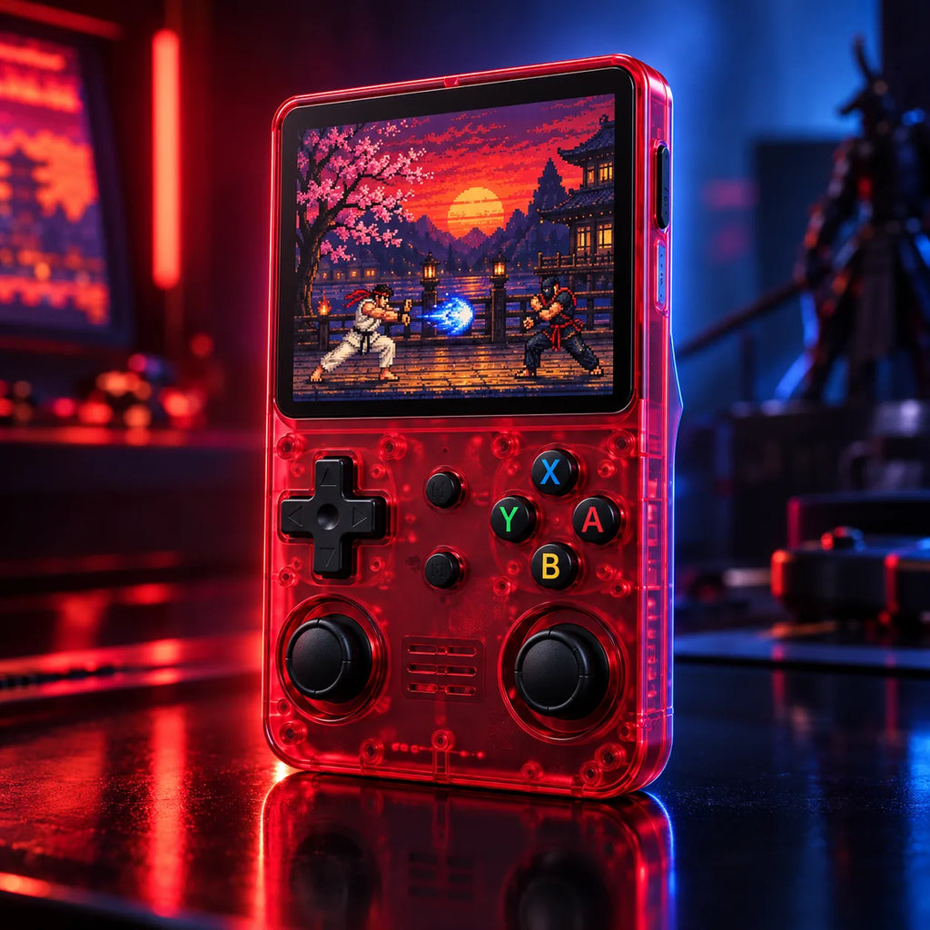 Console de jeux rétro Pixelo rouge translucide avec un jeu de combat style arcade