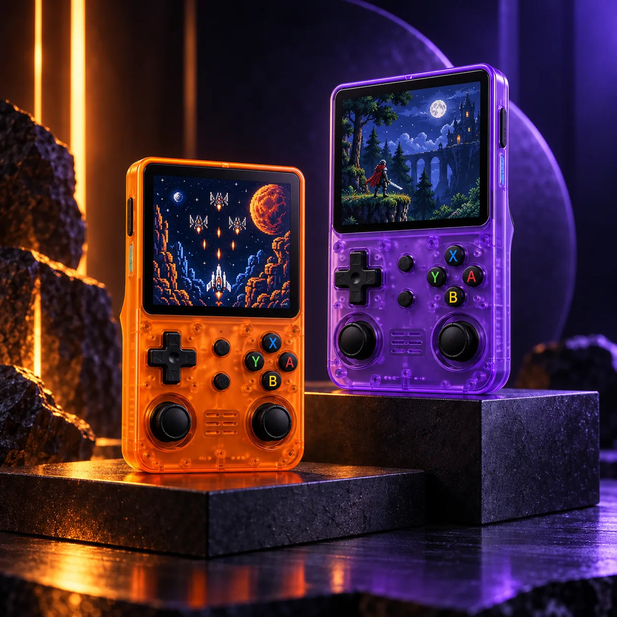 Deux consoles Pixelo orange et violette côte à côte, écran couleur 3,5 pouces