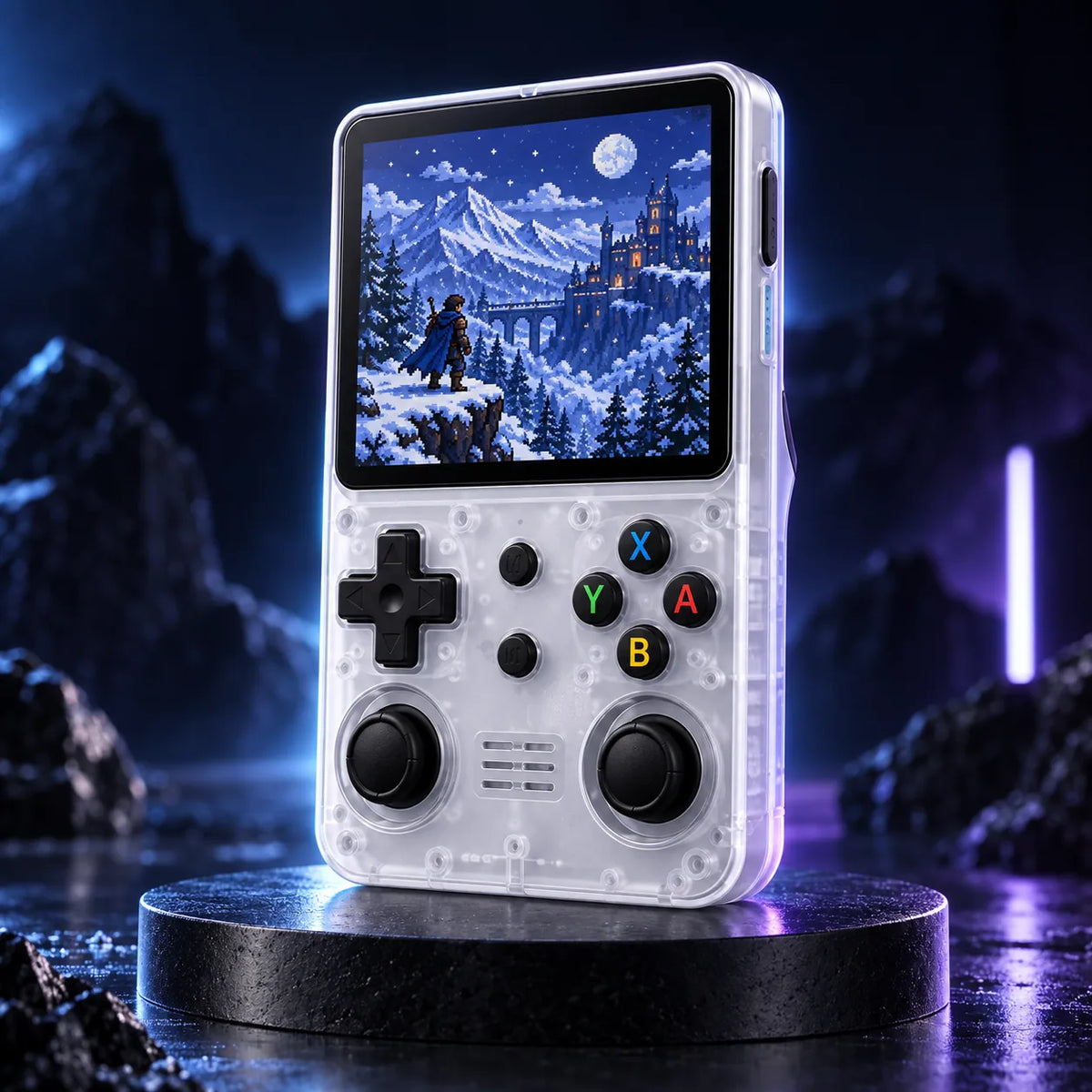 Console portable Pixelo blanche translucide sur socle, jeu de paysage en pixel art à l'écran