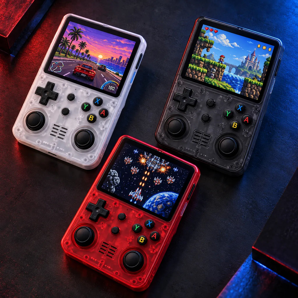 Consoles Pixelo blanche, noire et rouge vues de dessus, jeux de course et de plateforme